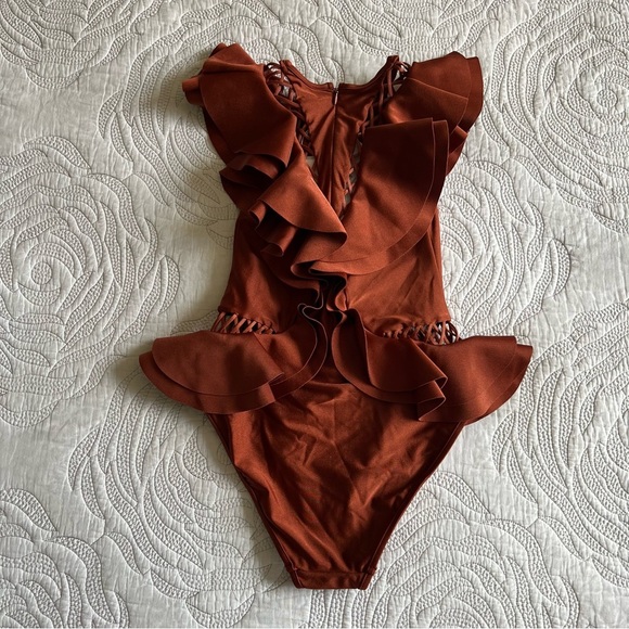 NWT - Zimmermann - Lattice-trimmed Ruffled One Piece Swimsuit - Brick - Picture 9 of 12
